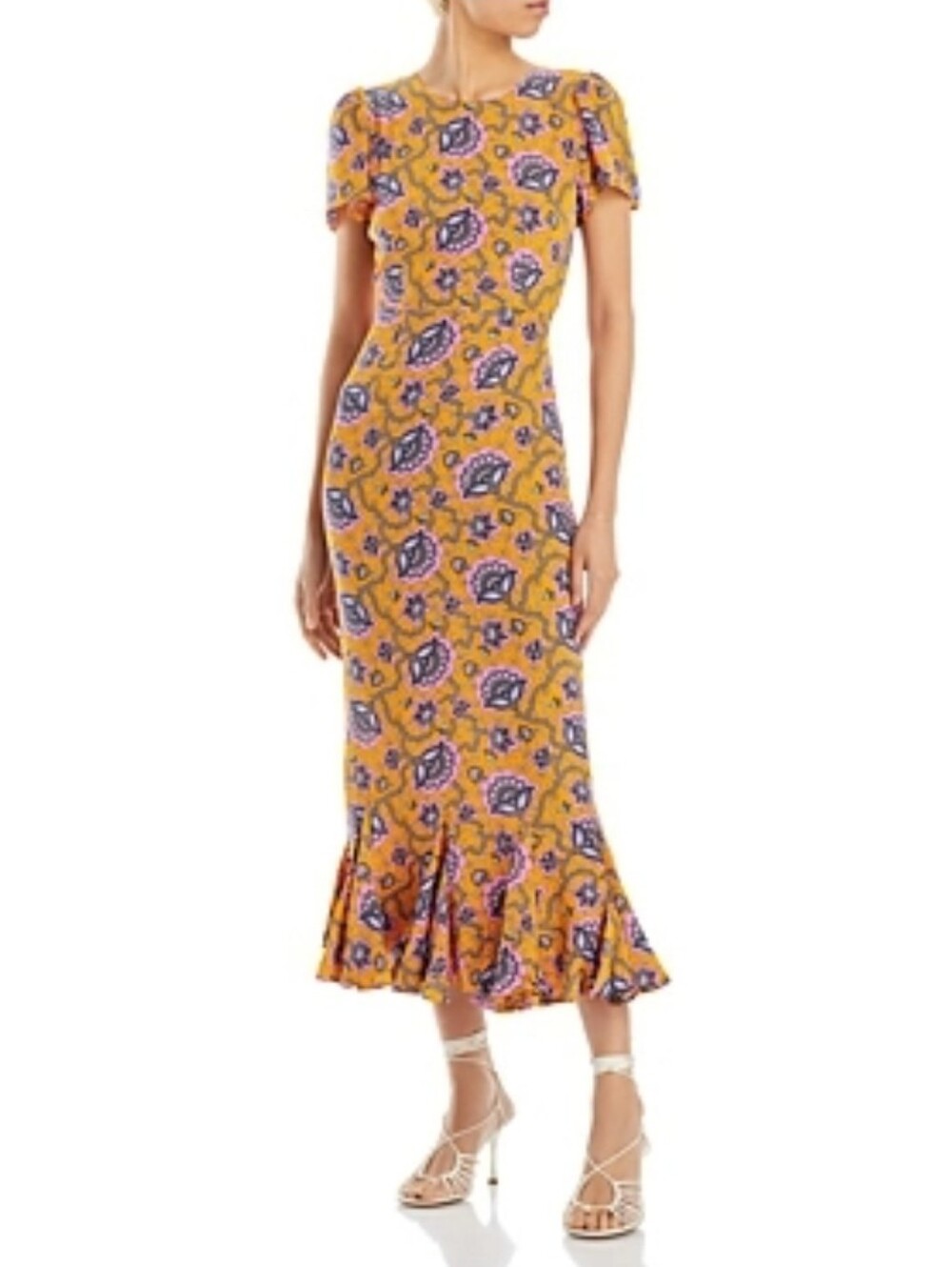 RHODE Lulani Gold Floral Print Dress with Purple Lotus Designs Size 6